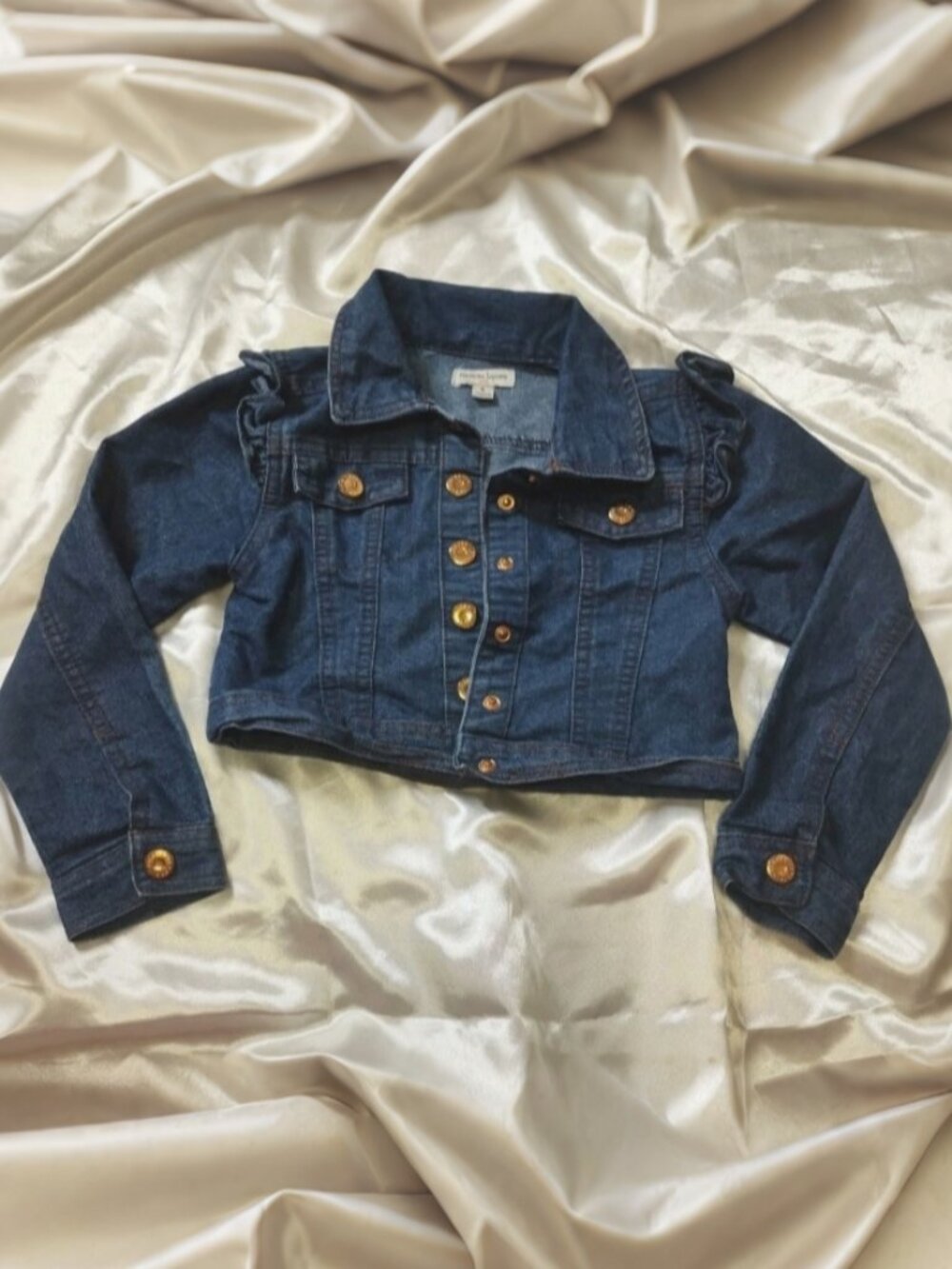 Nanette Lepore Girs Denim Jean Jacket Kids Size 5 Ruffle Shoulder Collared